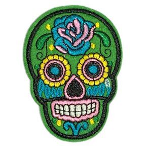 Green Sugar Skull Iron on Patch Embroidered Rose Floral Day of the Dead Small